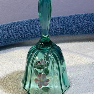 Fenton hand painted artist signed bell green with purple flowers PO6809